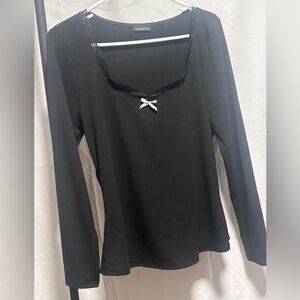 Zenobia Black Long Sleeve Top with Lace and Bow